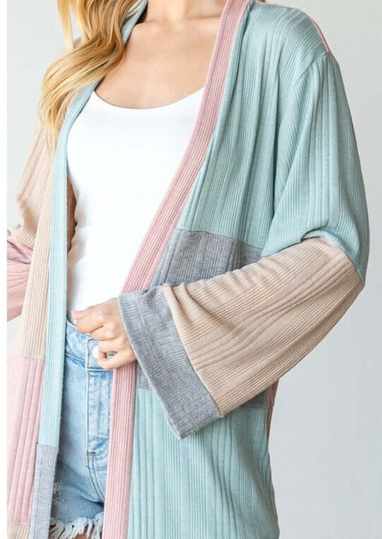 Ladies Pastel Color Block Open Front Long Length Lightweight Cardigan | Made in USA | Classy Cozy Cool Women's Made in America Boutique