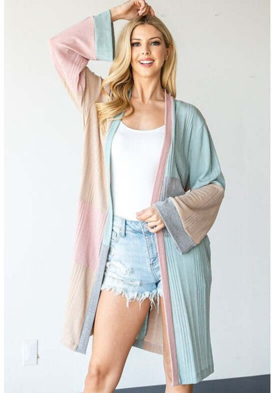 Ladies Pastel Color Block Open Front Long Length Lightweight Cardigan | Made in USA | Classy Cozy Cool Women's Made in America Boutique