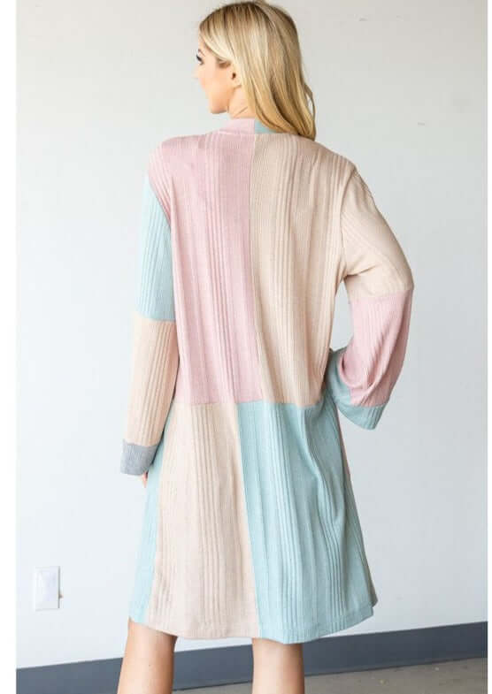 Ladies Pastel Color Block Open Front Long Length Lightweight Cardigan | Made in USA | Classy Cozy Cool Women's Made in America Boutique