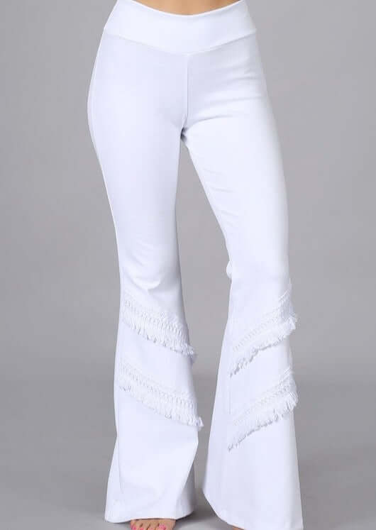 Made in USA White Flare Pants with Fringe Detail Mid Rise Pants, Crochet & Fringe Accents, Fitted and Flared Style, USA made Cotton | Classy Cozy Cool Made in America Boutique