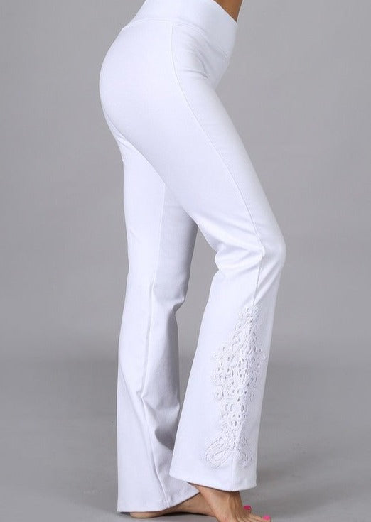 Chatoyant Mineral Washed Boot Cut Jeggings with Crochet Detail Hem Style# C30680 in White | Women's Fashion Clothing made in USA | Classy Cozy Cool Boutique
