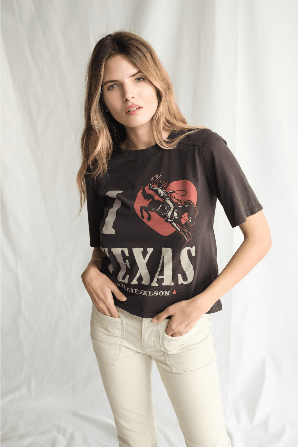 Willie Nelson I Love Texas Top by People of Leisure — 100% cotton graphic tee in Vintage Black. Made in LA. Sizes XS–X