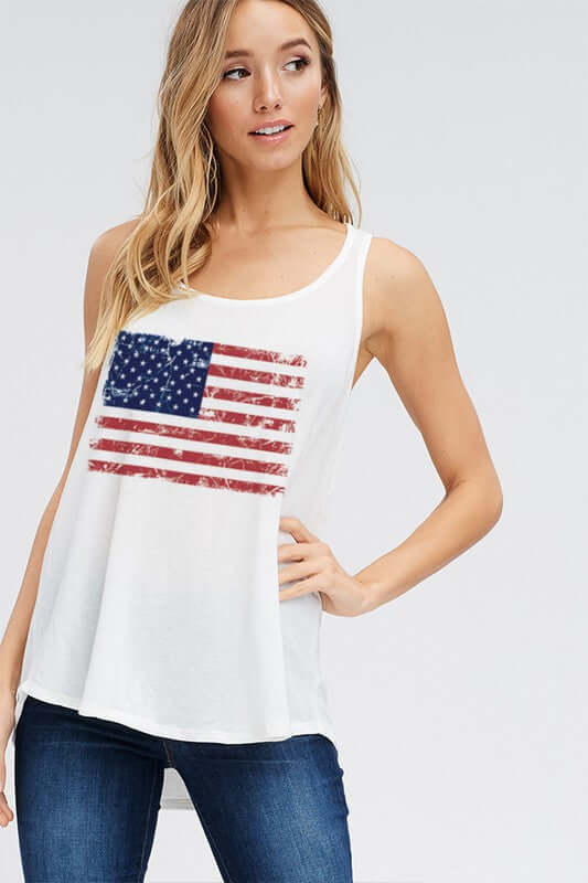 4th of July White Super Soft Made in USA Distressed American Flag Graphic Racerback Tank Top | Phil Love | Made in USA | Women's American Clothing Boutique