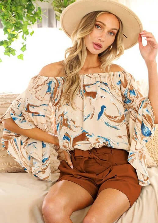 Ladies Light Tan Off Shoulder Tulip Sleeve Top with Elegant Marbled Print | Made in USA | Classy Cozy Cool Women's Made in America Boutique