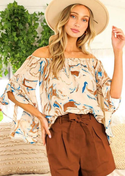 Ladies Light Tan Off Shoulder Tulip Sleeve Top with Elegant Marbled Print | Made in USA | Classy Cozy Cool Women's Made in America Boutique