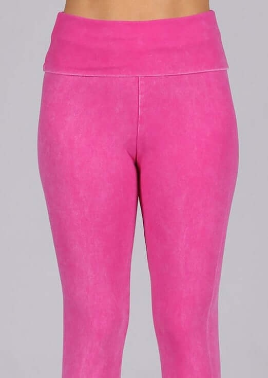 Made in USA Fuchsia Mineral Washed Pull On Capri Leggings Tummy control wide fold-over waistband | Classy Cozy Cool Women's American Boutique
