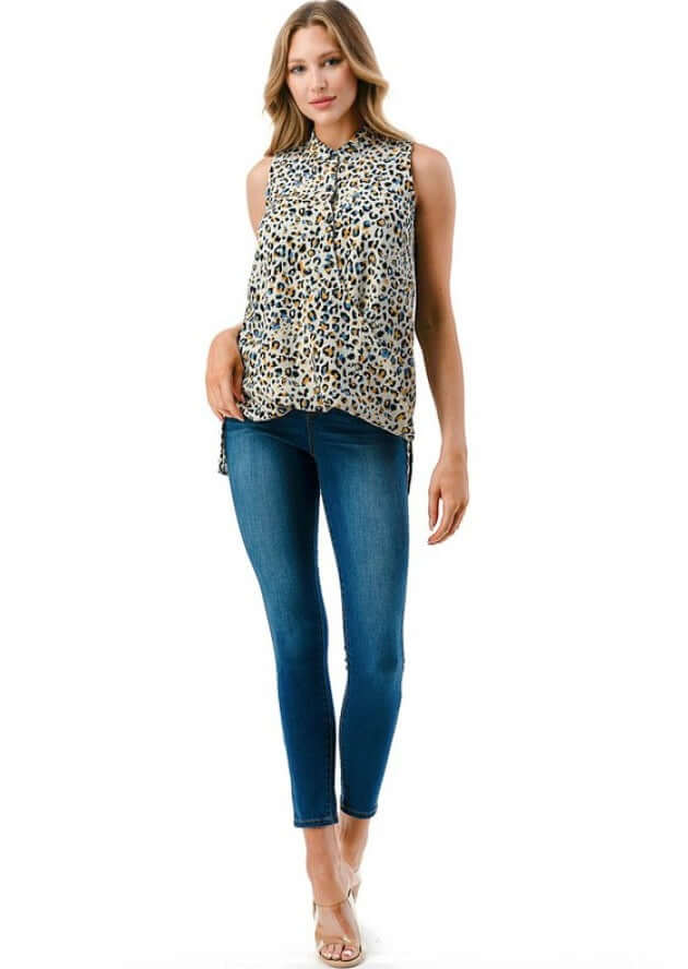 USA Made Women's Animal Print Textured Floral Surplice Top with Blue Accent Color | Classy Cozy Cool Made in America Boutique
