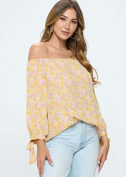 USA Made Women's Off the Shoulder Yellow Floral Top with Tie Sleeve Detail | Renee C Style# 3499TPI | Classy Cozy Cool Women's Made in USA Boutique
