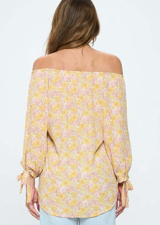 USA Made Women's Off the Shoulder Yellow Floral Top with Tie Sleeve Detail | Renee C Style# 3499TPI | Classy Cozy Cool Women's Made in USA Boutique