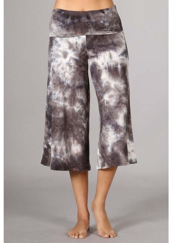 Ladies Super Soft Mocha Tie Dyed Fold Over Waist Gaucho Pants | Made in USA | Chatoyant Style# C30660 | Classy Cozy Cool Women's Made in America Boutique