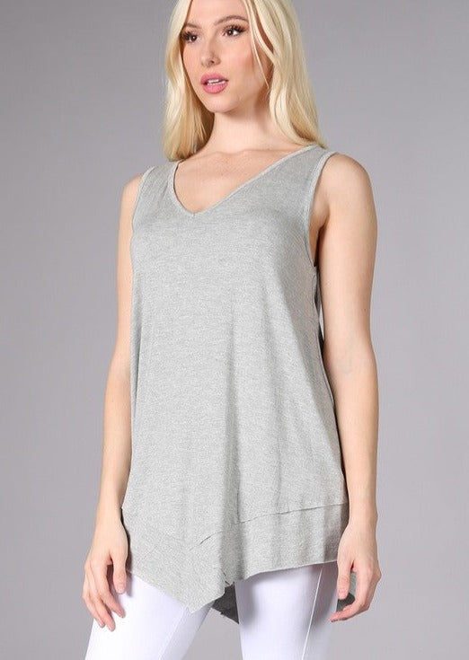 USA Made Ladies Light Heather Grey Sleeveless V-Neck Asymmetrical Top | Chatoyant Style C11307 | Classy Cozy Cool Women's American Made Boutique
