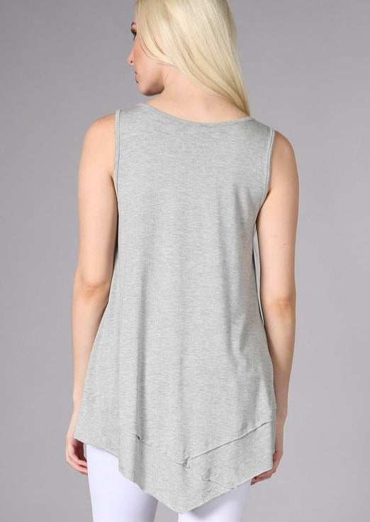 USA Made Ladies Light Heather Grey Sleeveless V-Neck Asymmetrical Top | Chatoyant Style C11307 | Classy Cozy Cool Women's American Made Boutique
