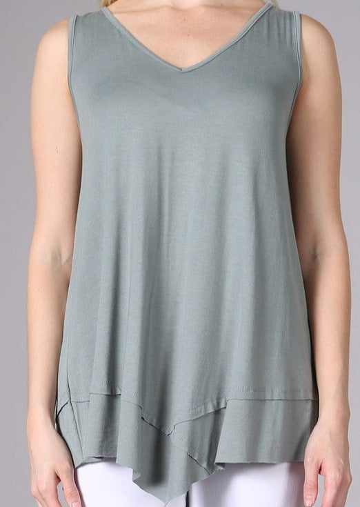 USA Made Ladies Light Sage Sleeveless V-Neck Asymmetrical Top | Chatoyant Style C11307 | Classy Cozy Cool Women's American Made Boutique