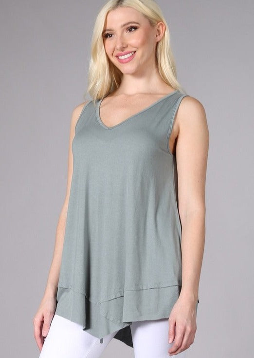 USA Made Ladies Light Sage Sleeveless V-Neck Asymmetrical Top | Chatoyant Style C11307 | Classy Cozy Cool Women's American Made Boutique