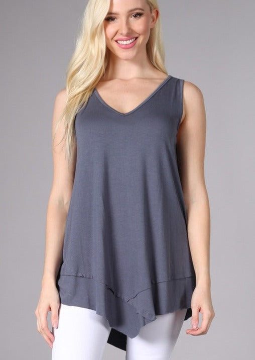 USA Made Ladies Slate Grey Sleeveless V-Neck Asymmetrical Top | Chatoyant Style C11307 | Classy Cozy Cool Women's American Made Boutique