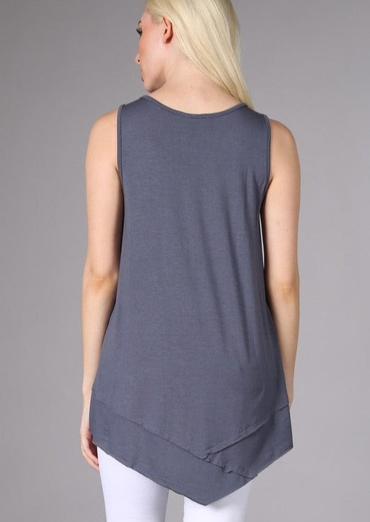 USA Made Ladies Slate Grey Sleeveless V-Neck Asymmetrical Top | Chatoyant Style C11307 | Classy Cozy Cool Women's American Made Boutique