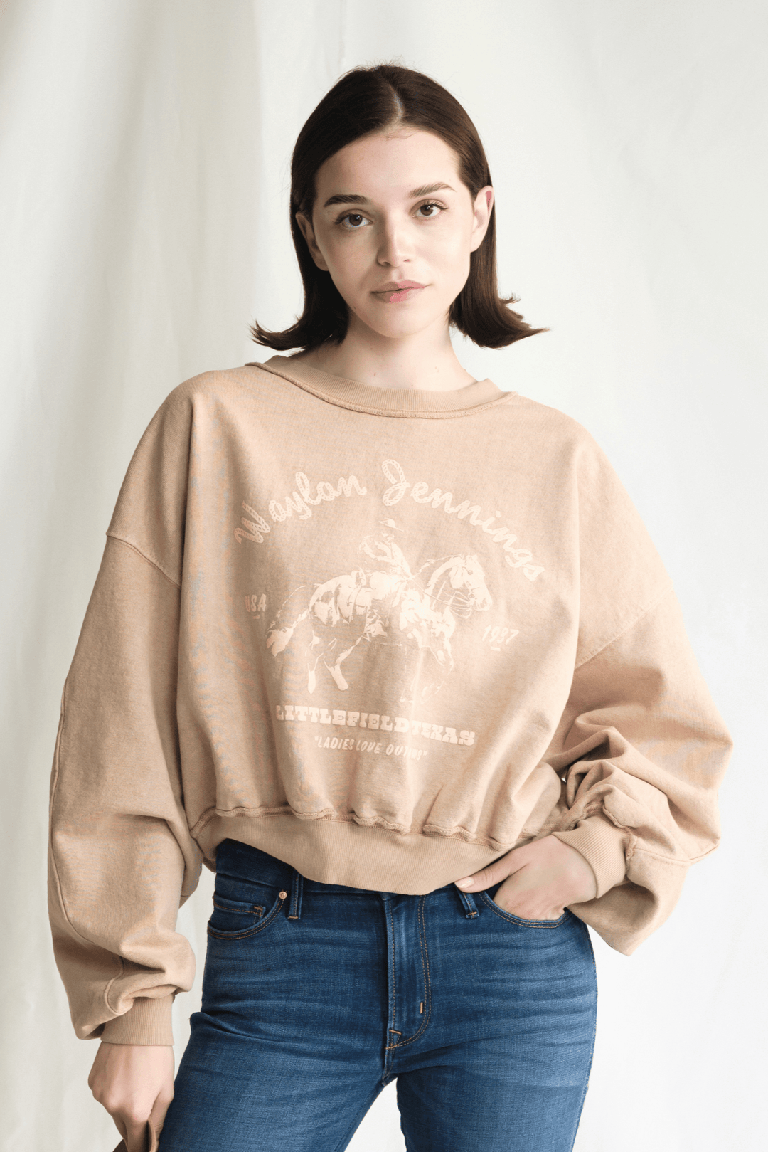 Waylon Jennings Hometown Sweatshirt by People of Leisure — 100% cotton, cropped hem, vintage feel in Camel. Made in LA. Sizes XS–XL