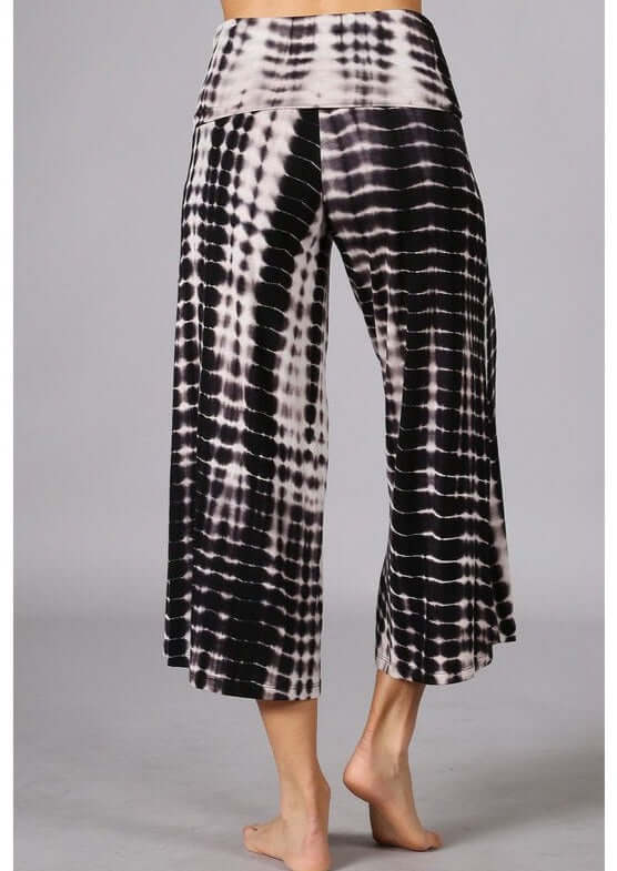 Ladies Plus Size Super Soft Black & White Dyed Fold Over Waist Gaucho Pants | Made in USA | Chatoyant Style# C30692 | Classy Cozy Cool Women's Made in America Boutique