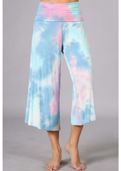 Pastel Colors Ladies Super Soft Tie Dye Fold Over Waist Gaucho Pants | Made in USA | Chatoyant Style# C30692 | Classy Cozy Cool Women's Made in America Boutique