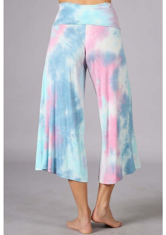Colorful Ladies Super Soft Tie Dye Fold Over Waist Gaucho Pants | Made in USA | Chatoyant Style# C30692 | Classy Cozy Cool Women's Made in America Boutique
