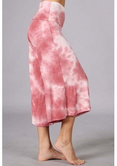 Reddish Pink Ladies Super Soft Tie Dye Fold Over Waist Gaucho Pants | Made in USA | Chatoyant Style# C30692 | Classy Cozy Cool Women's Made in America Boutique