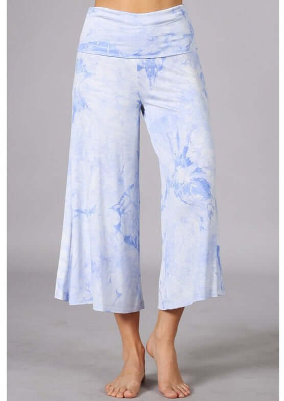 Sky Blue Ladies Super Soft Tie Dye Fold Over Waist Gaucho Pants | Made in USA | Chatoyant Style# C30692 | Classy Cozy Cool Women's Made in America Boutique