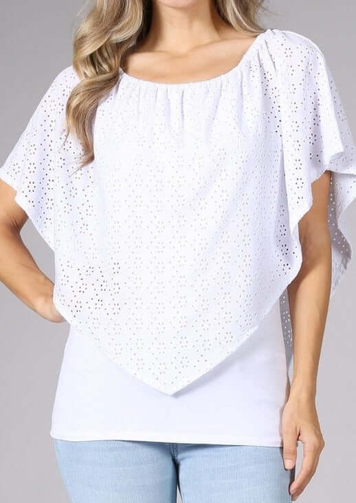 USA made Ladies White Convertible Top with elastic neckline & Eyelet Lace Overlay Style Multiple Ways | Chatoyant Style# C11308 | Classy Cozy Cool Women's Made in America Boutique