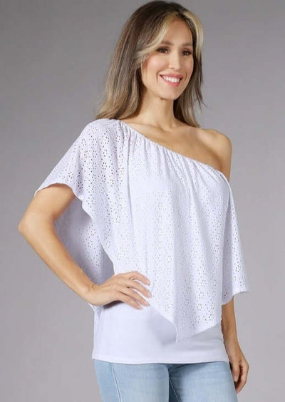 USA made Ladies White Convertible Top with elastic neckline & Eyelet Lace Overlay Style Multiple Ways | Chatoyant Style# C11308 | Classy Cozy Cool Women's Made in America Boutique