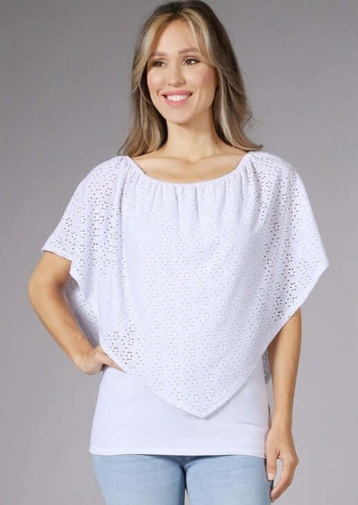 USA made Ladies White Convertible Top with elastic neckline & Eyelet Lace Overlay Style Multiple Ways | Chatoyant Style# C11308 | Classy Cozy Cool Women's Made in America Boutique