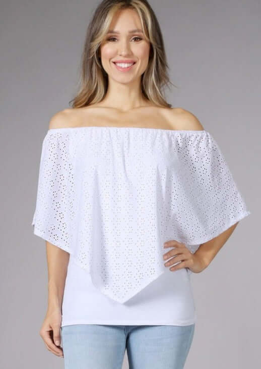 USA made Ladies White Convertible Top with elastic neckline & Eyelet Lace Overlay Style Multiple Ways | Chatoyant Style# C11308 | Classy Cozy Cool Women's Made in America Boutique