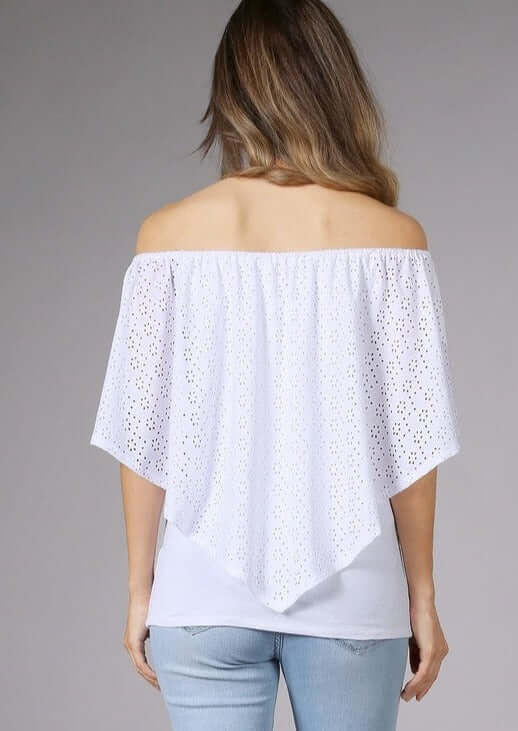 USA made Ladies White Convertible Top with elastic neckline & Eyelet Lace Overlay Style Multiple Ways | Chatoyant Style# C11308 | Classy Cozy Cool Women's Made in America Boutique