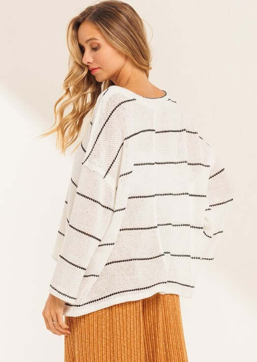 Made in USA Women's Ivory and Black Oversized V-Neck Loose Knit Striped Sweater Top Loose Knit Perfect Sprint Pullover Lightweight Very Soft Comfortable Material 