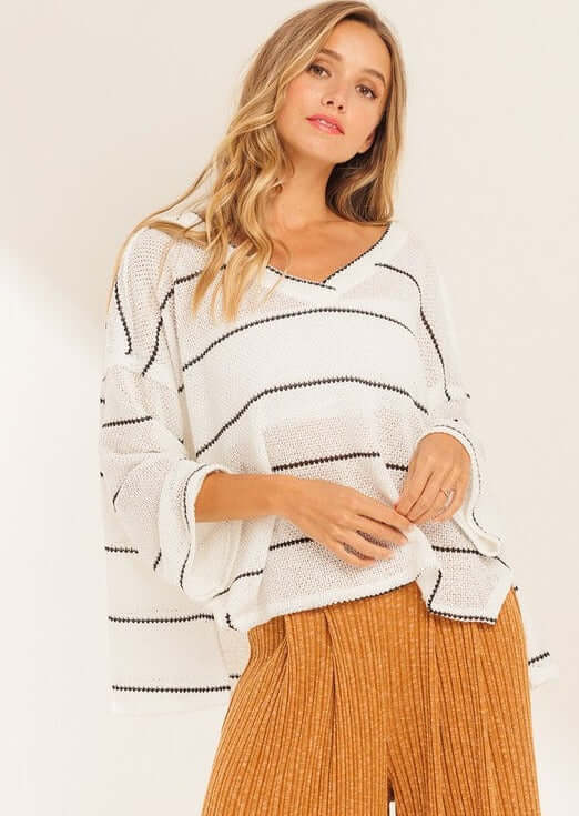 Made in USA Women's Ivory and Black Oversized V-Neck Loose Knit Striped Sweater Top Loose Knit Perfect Sprint Pullover Lightweight Very Soft Comfortable Material 