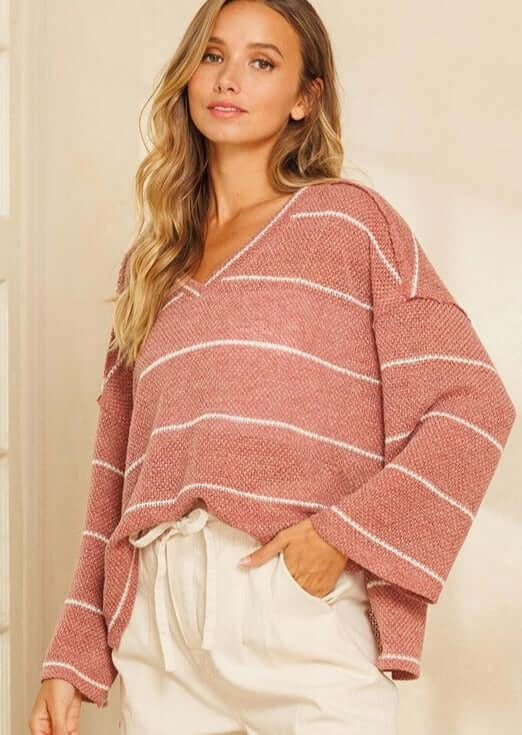 Made in USA Women's Oversized V-Neck Loose Knit Striped Sweater Top in Rust with White Stripes Loose Knit Perfect Sprint Pullover Lightweight Very Soft Comfortable Material 