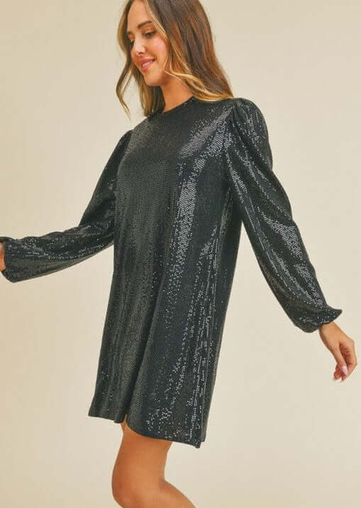 Woman's Glam Black Sequins Mini Dress for Holiday Party | Made in USA | Featuring shimmering sequins, long puff sleeves, and a figure-flattering cut
