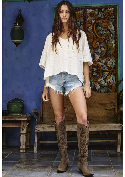 Bucket List Clothing Style# T1722 | Women's V-Neck Boxy Textured Cream Oversized Top Made in USA | Classy Cozy Cool Women's Made in America Clothing Boutique