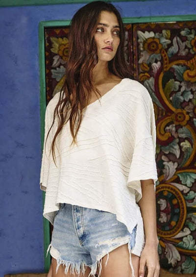 Bucket List Clothing Style# T1722 | Women's V-Neck Boxy Textured Cream Oversized Top Made in USA | Classy Cozy Cool Women's Made in America Clothing Boutique