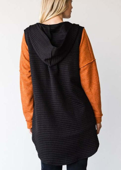 USA Made Ladies Plus Size Casual Cozy Longer Length Quilted Vest with Hood & Side Pockets in Black | Classy Cozy Cool Women's Online Clothing Boutique