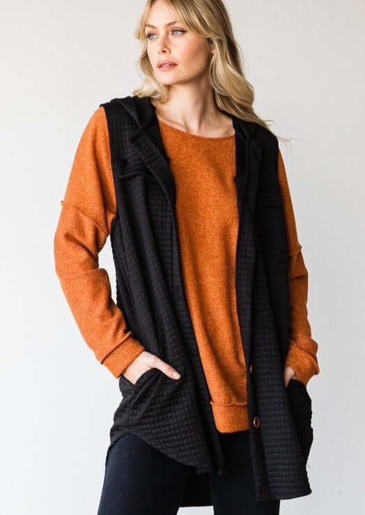 USA Made Ladies Plus Size Casual Cozy Longer Length Quilted Vest with Hood & Side Pockets in Black | Classy Cozy Cool Women's Online Clothing Boutique
