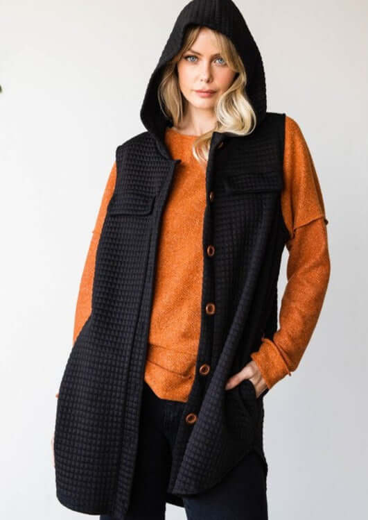 USA Made Ladies Plus Size Casual Cozy Longer Length Quilted Vest with Hood & Side Pockets in Black | Classy Cozy Cool Women's Online Clothing Boutique