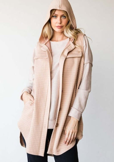 USA Made Ladies Plus Size Casual Cozy Longer Length Quilted Vest with Hood & Side Pockets in Black | Classy Cozy Cool Women's Online Clothing Boutique