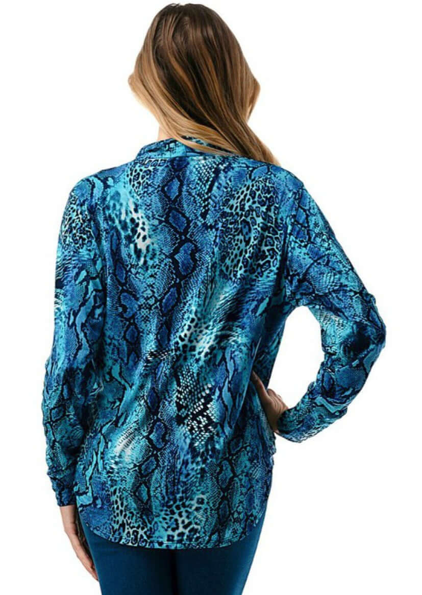 Ladies Made in USA Surplice Design V-Neck Top Vibrant Shades of Blue Long Sleeves Stretchy Jersey Material  Animal Print Detail | Made in America Boutique