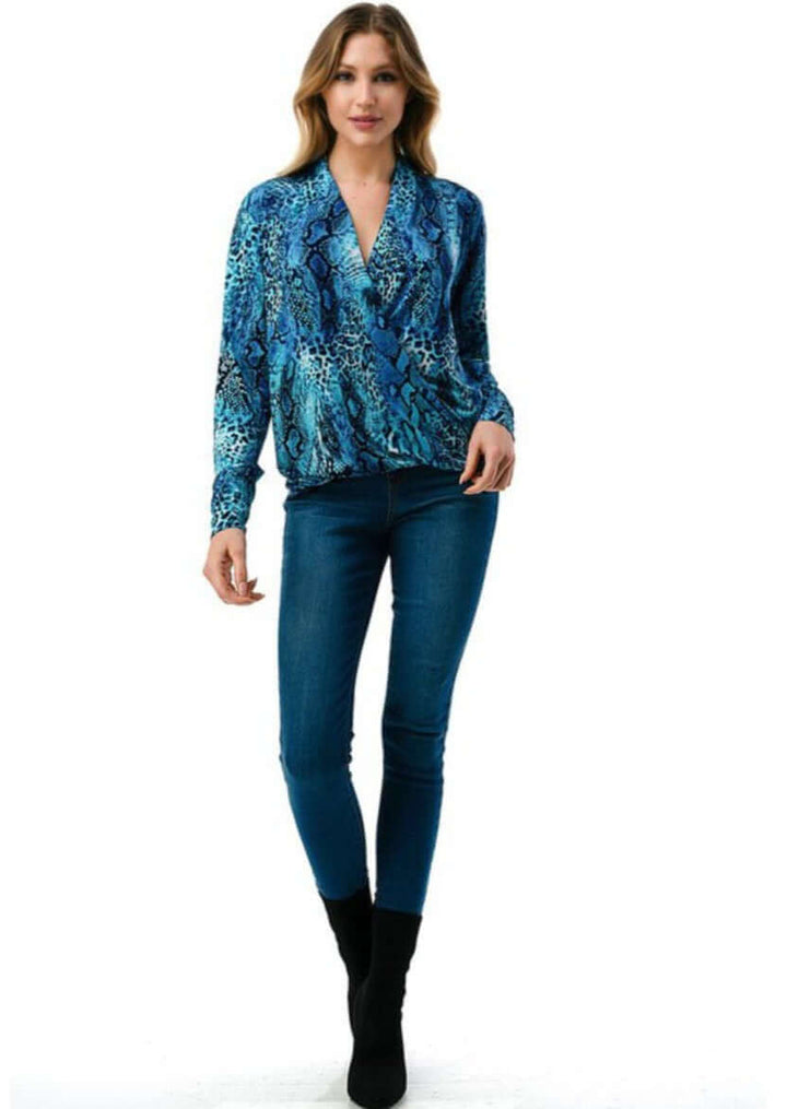 Ladies Made in USA Surplice Design V-Neck Top Vibrant Shades of Blue Long Sleeves Stretchy Jersey Material  Animal Print Detail | Made in America Boutique
