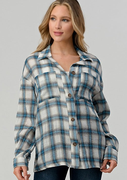 Ladies Collared Button Down Crinkle Top in Turquoise, Grey & White Plaid | Made in USA | Classy Cozy Cool Women's Made in America Clothing Boutique