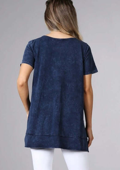 Chatoyant Style# C11309 Ladies High Low Hem Casual Cotton Tee in Mineral Washed Navy Blue Proudly Made in USA | Classy Cozy Cool Women's Made in America Boutique