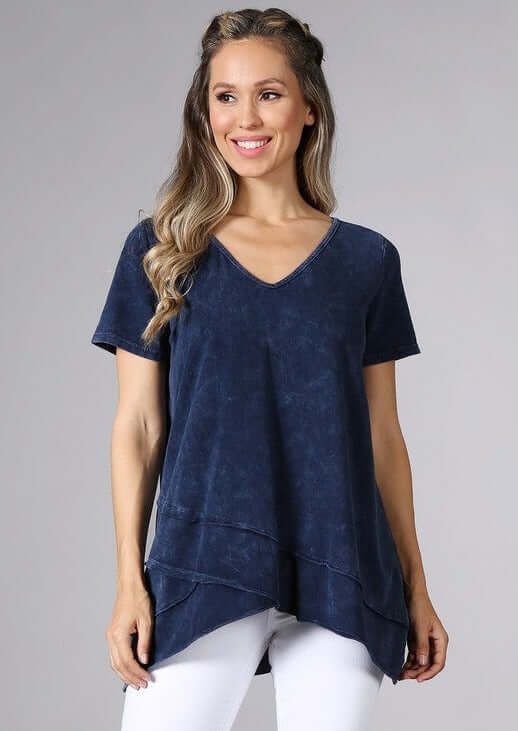 Chatoyant Style# C11309 Ladies High Low Hem Casual Cotton Tee in Mineral Washed Navy Blue Proudly Made in USA | Classy Cozy Cool Women's Made in America Boutique