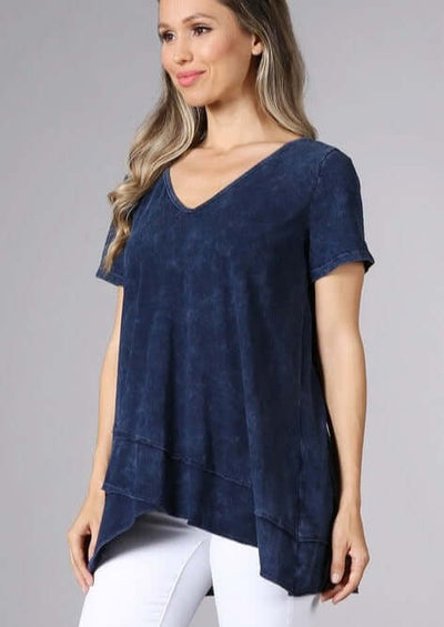 Chatoyant High Low Hem Casual Cotton Tee in Mineral Washed Navy Blue Proudly Made in USA | Classy Cozy Cool Women's Made in America Boutique