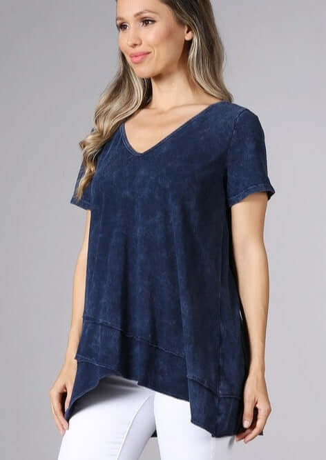 Chatoyant High Low Hem Casual Cotton Tee in Mineral Washed Navy Blue Proudly Made in USA | Classy Cozy Cool Women's Made in America Boutique