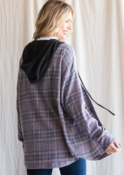 Women's Lightweight Casual Vintage Charcoal Plaid Drawstring Hoodie Button Down Shirt Jacket | Made in USA | Classy Cozy Cool Ladies Made in America Clothing Boutique