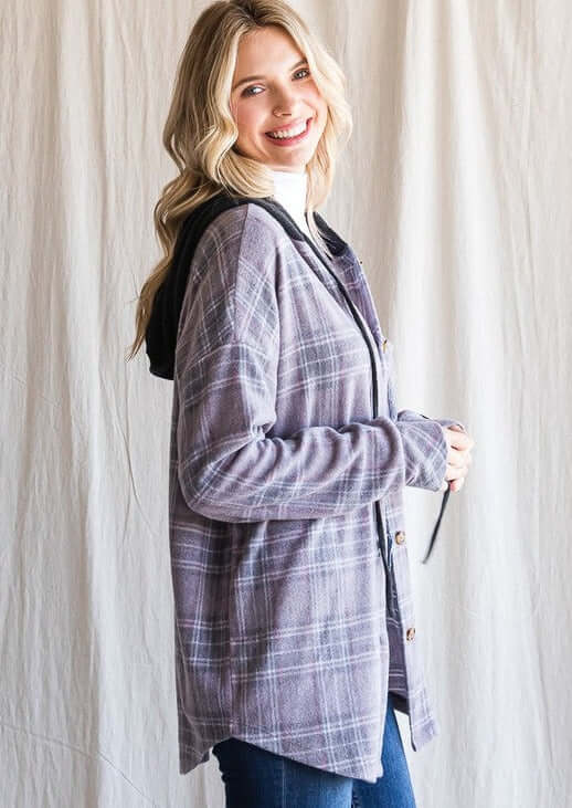 Women's Lightweight Casual Vintage Charcoal Plaid Drawstring Hoodie Button Down Shirt Jacket | Made in USA | Classy Cozy Cool Ladies Made in America Clothing Boutique